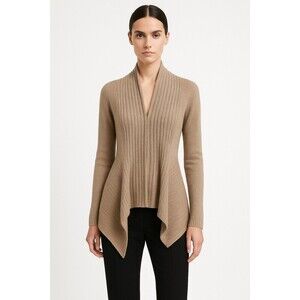 Liz Claiborne Career PM Tan Cardigan Sweater Open Draped Hem Minimalist Neutral